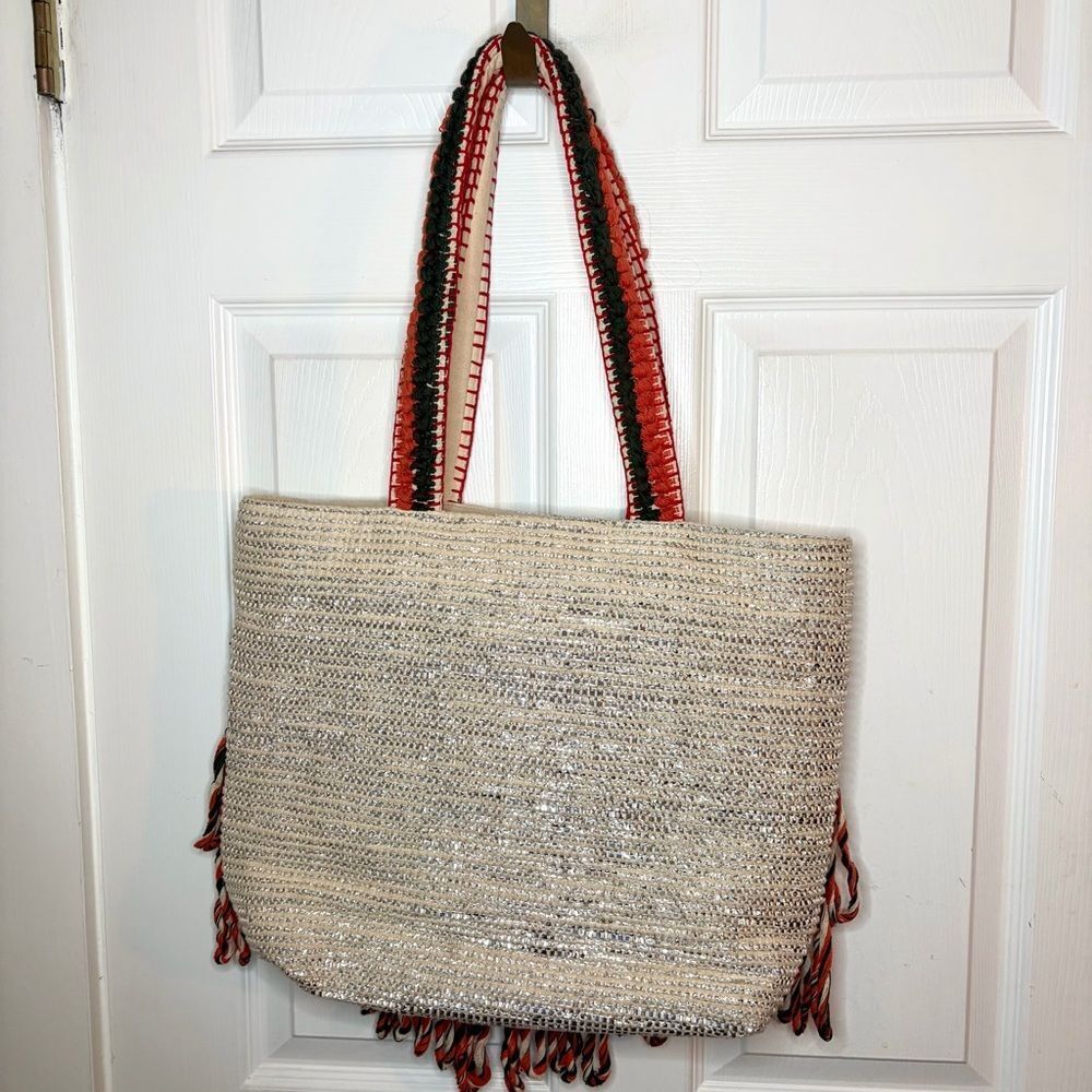 Lilla P Cotton Lurex Coral Cream Silver Metallic Stripe Crochet Beach Tote Bag L - Picture 7 of 13